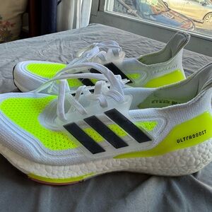 Adidas Ultraboost White and Neon Yellow Shoes